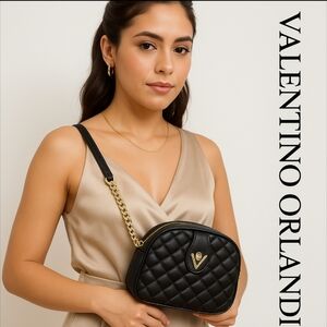 Valentino Orlandi | Quilted Crossbody Bag with Gold/Black Strap | Black | 8"x5"